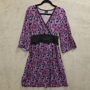New Directions Y2K Paisley Faux Wrap Dress Women's XL  Bell Sleeve Whimisgoth
